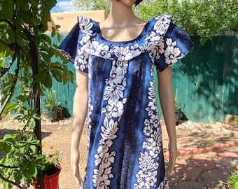Vintage 60's - Classic Hawaiian MUMU, Cotton, Royal Blue With