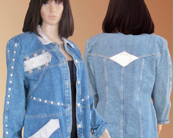 Vintage 80's - Denim  long jacket with silver leather pockets, and patches, silver snaps. Med