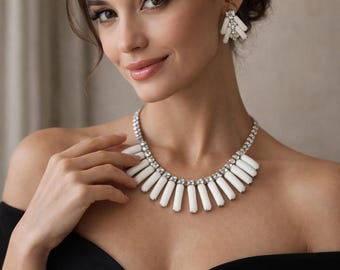 Vintage 60s Rhinestone Milk Glass Choker Necklace & Matching Earrings.
