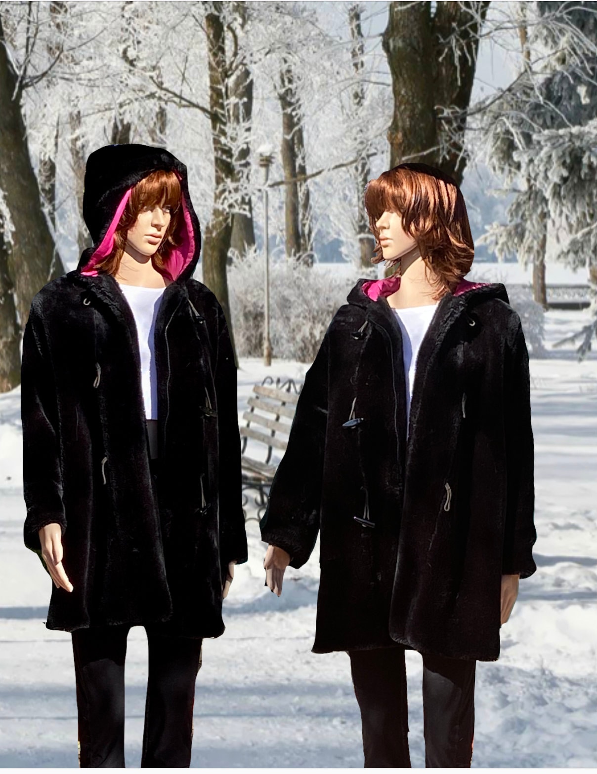 Vintage 2000's. Black Faux Fur Winter Coat, Hot Pink Lining Vintage 2000's. Black Faux Fur Winter Coat, Hot Pink Lining