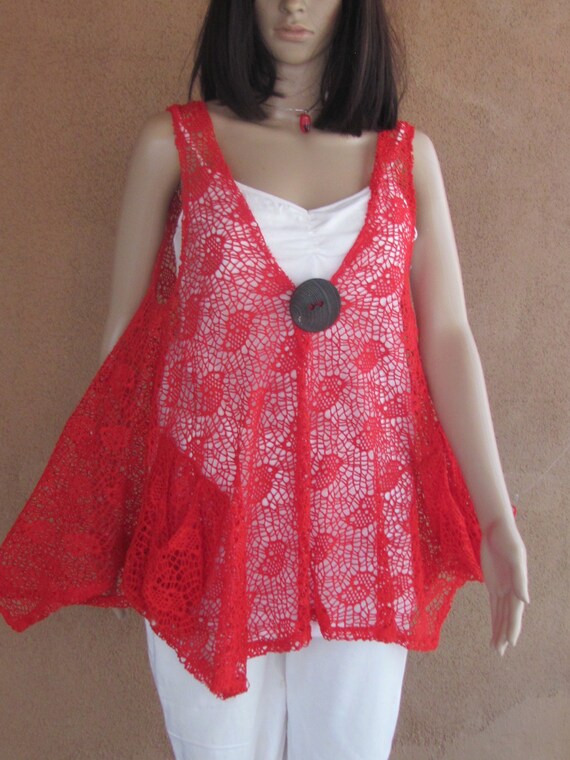 Poppy red sheer lace knit tunic, sleeveless, with… - image 2