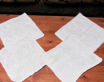Vintage 80's - 4 square little pillow cases, white cotton crochet - Made in France -