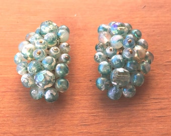 Vintage 60s - Gaudy large frosted blue clip earrings
