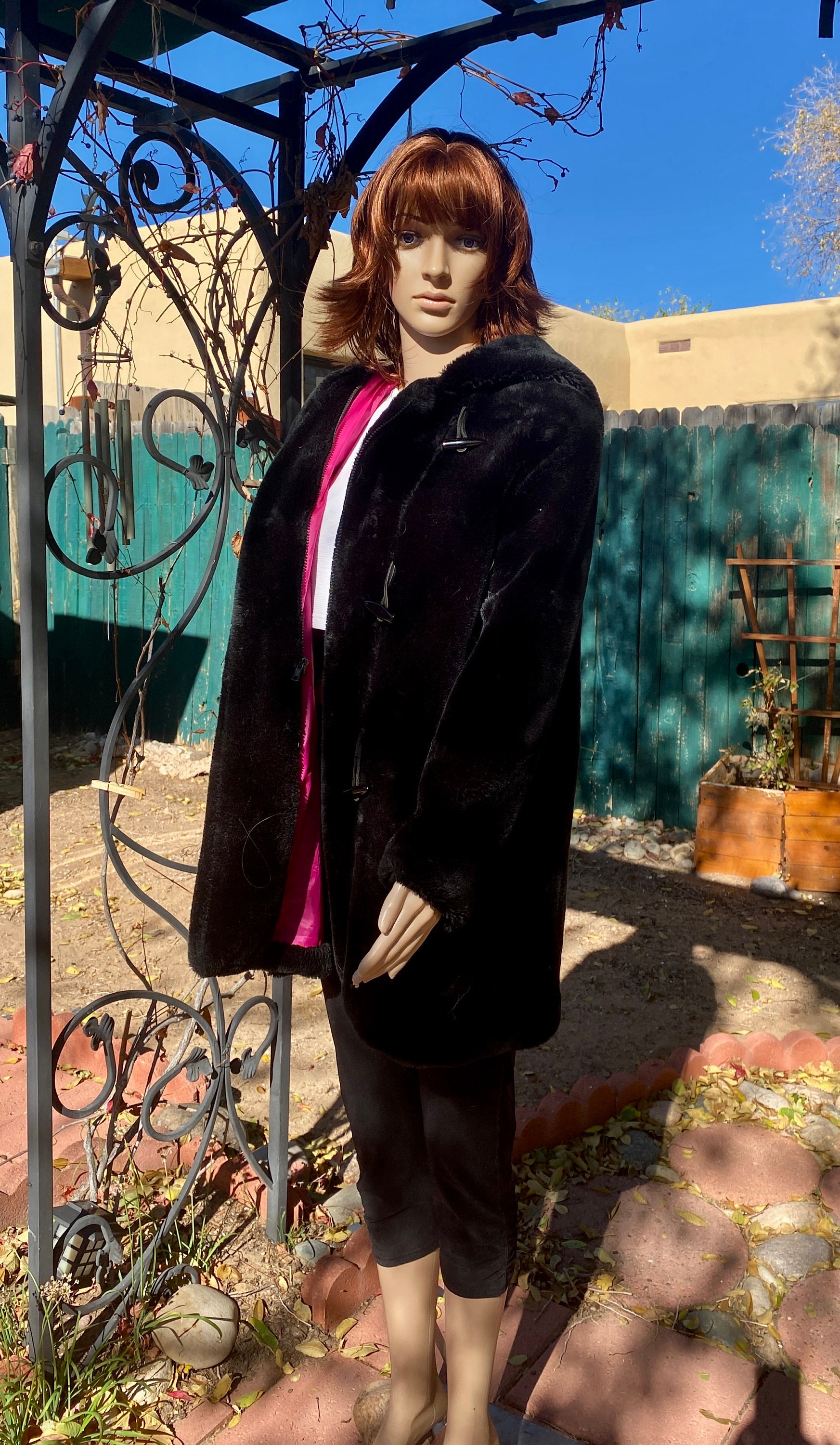 Vintage 2000's. Black Faux Fur Winter Coat, Hot Pink Lining Vintage 2000's. Black Faux Fur Winter Coat, Hot Pink Lining