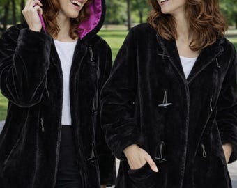 Vintage Y2K Black Faux Fur Coat – Pink Lined Hoodie, Toggles - Etsy