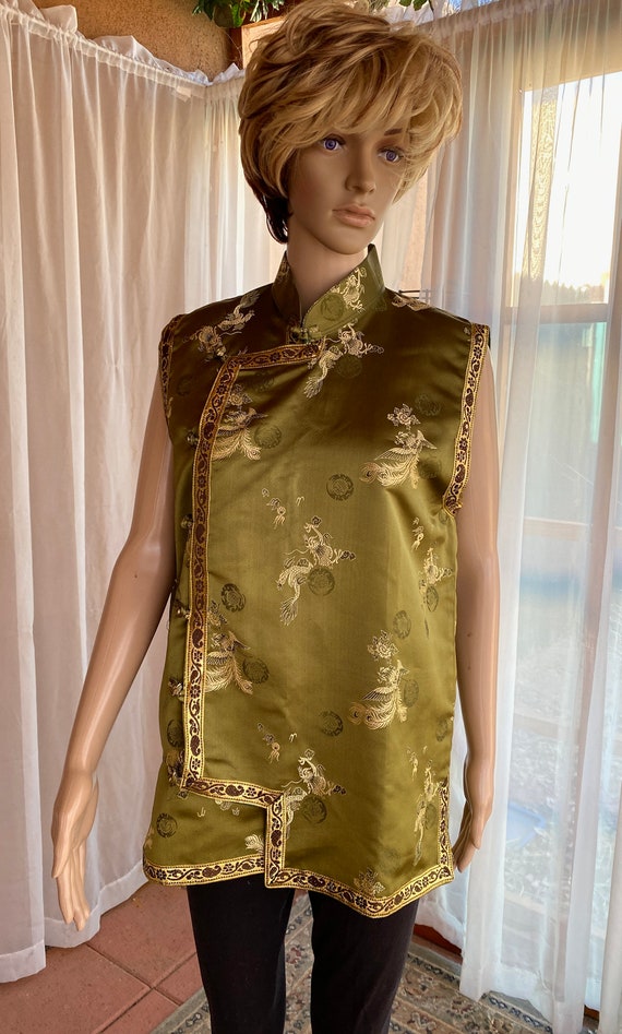 Chinese vest, olive green with gold dragon design… - image 1