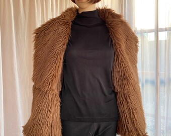 Vintage 80s - Faux Suede &  Fur lined short coat. Open Collar, Stitch Detail on the outside.