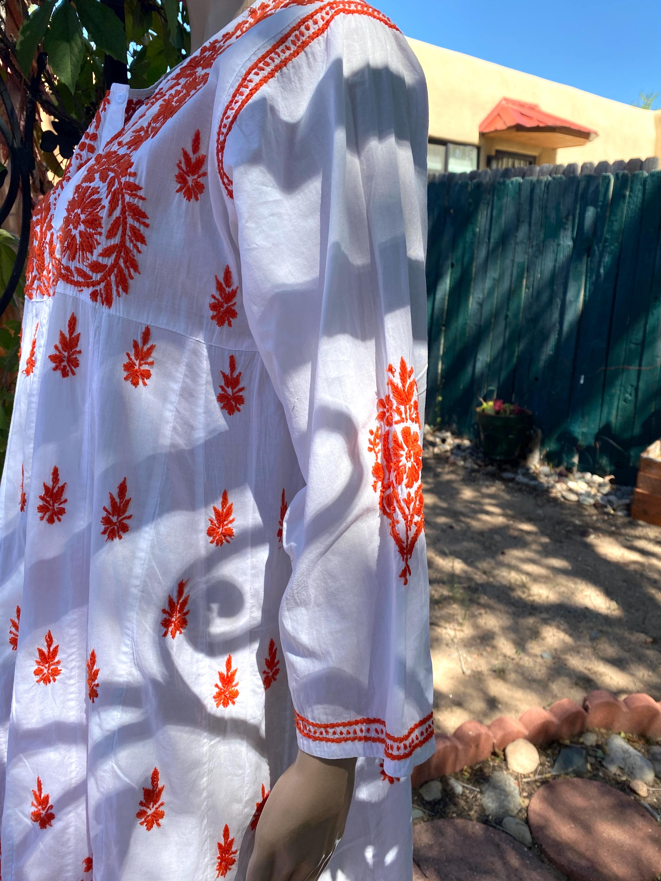 Hand Embroidered White Cotton Dress, With Orange Yarn Embroidery. Long  Sleeves, Knee Length. - Etsy