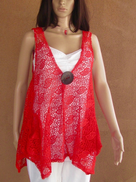 Poppy red sheer lace knit tunic, sleeveless, with… - image 3