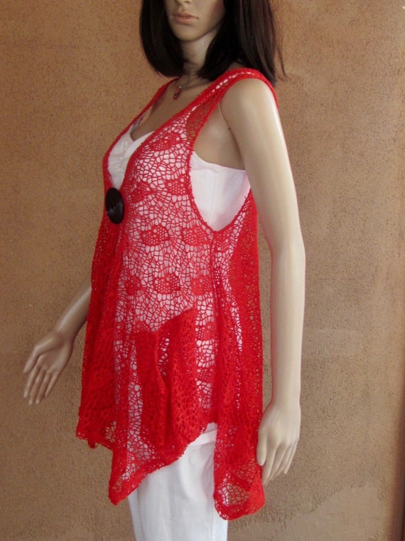 Poppy red sheer lace knit tunic, sleeveless, with… - image 7