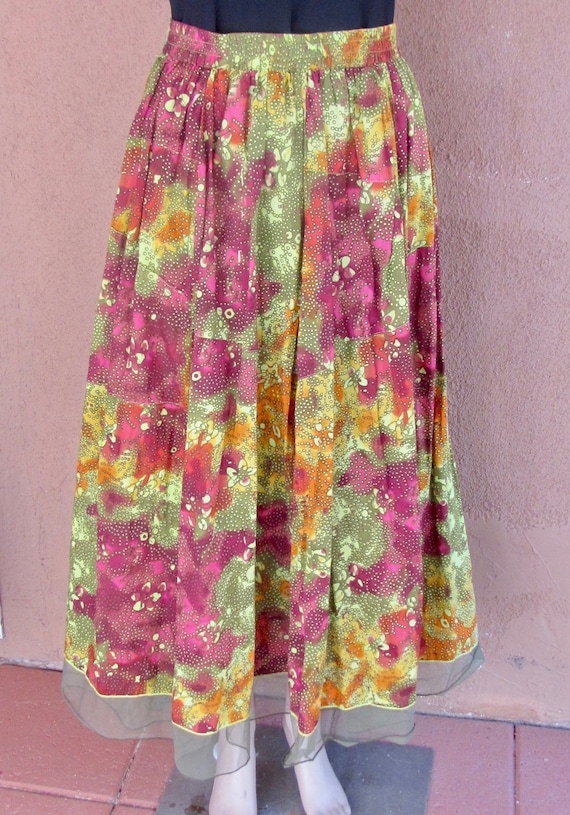 VTG 80's - Cotton pleated maxi skirt, greens, oran