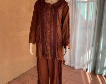 Embroidered string pants Set - Chocolate brown, with assorted long sleeves blouse. One size.