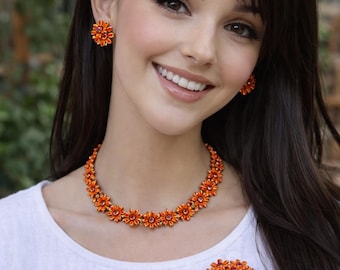 Vintage 60's Orange Rhinestone Flower Jewelry Set: Necklace, Brooch, Earrings