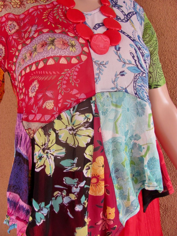 Patchwork Blouse: Multicolor Asymmetrical Hem, Si… - image 9