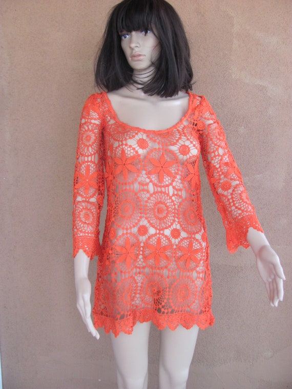 Sexy see-through bright orange lacy long sleeves M