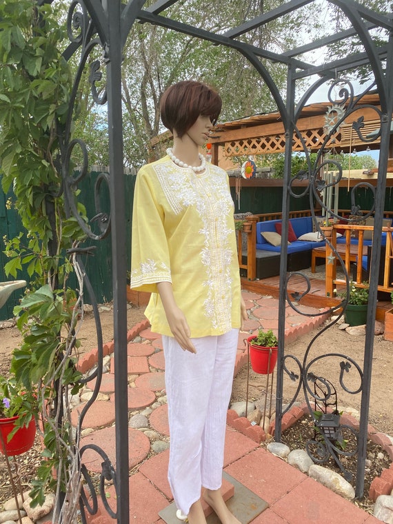 VINTAGE 60's - Yellow Cotton Long Sleeve Blouse w… - image 10