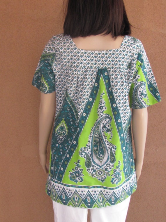 African print cotton blouse, lime green and fores… - image 8