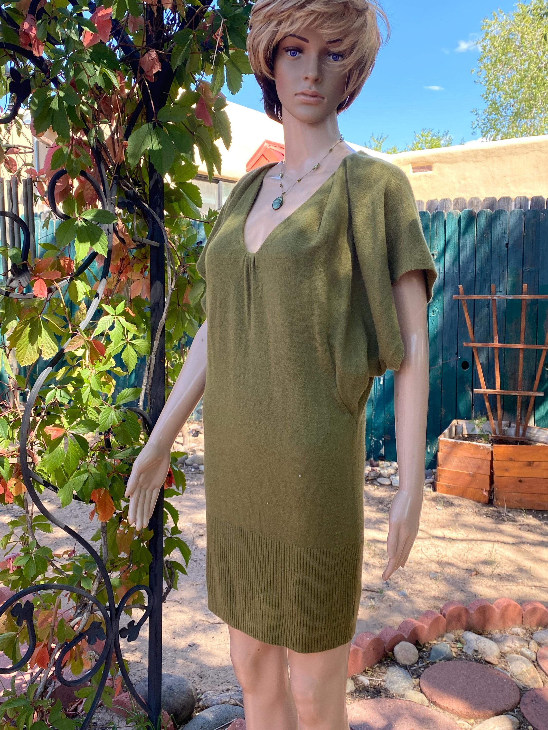 Vintage Cashmere Dress: Olive Green 'V' Neck, Cap Sleeves (size M) - Etsy