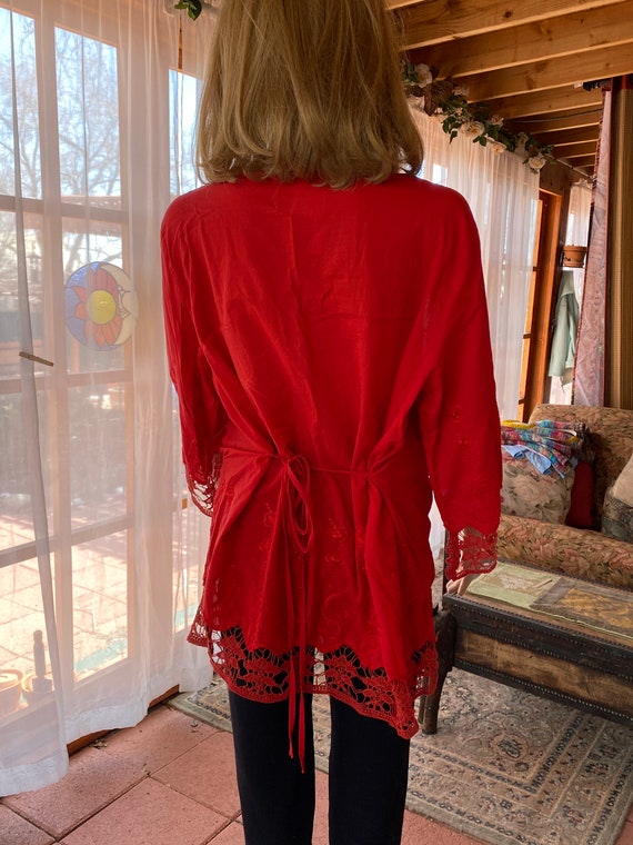 Vintage 90's - Bright red cotton tunic, embroider… - image 3