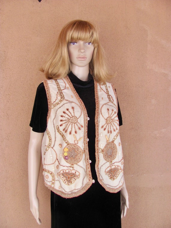 Raw beige silk, front panels hand beaded with wood