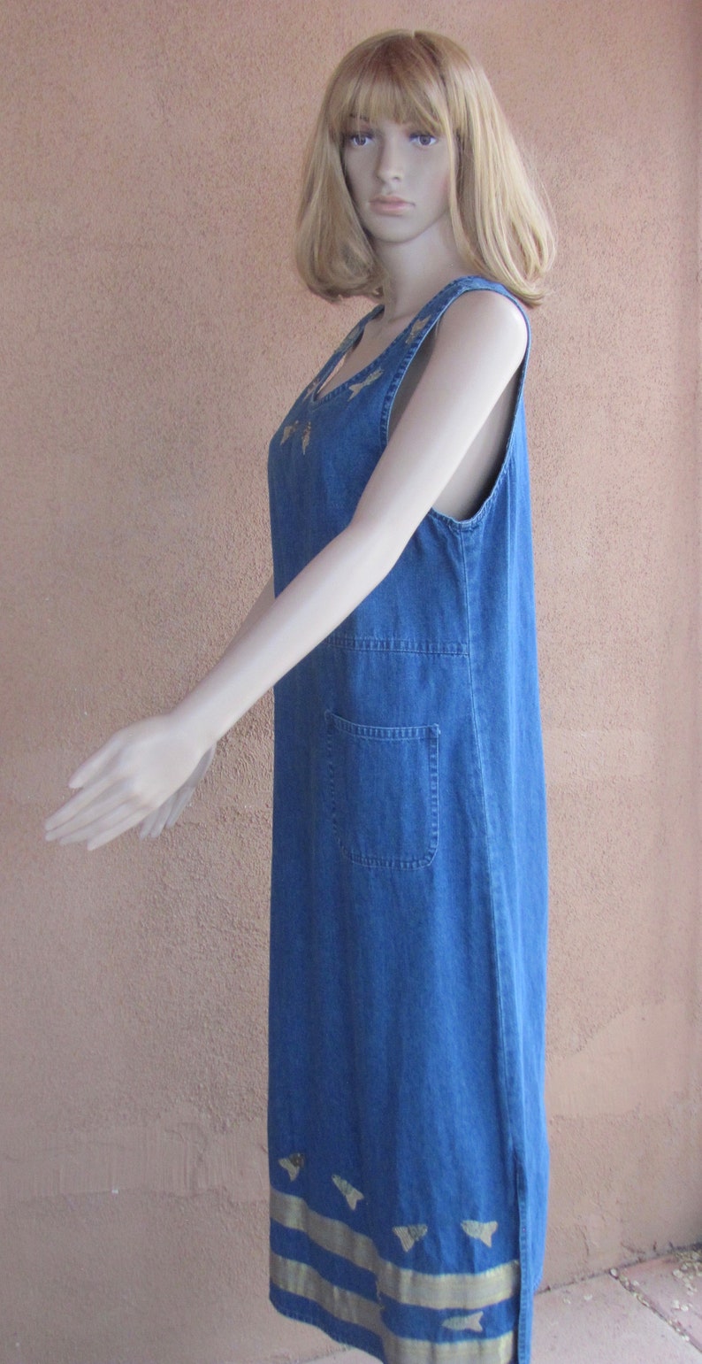 Vintage 80/'s with golden embroidered fishes Maxi Sleeveless Jean dress