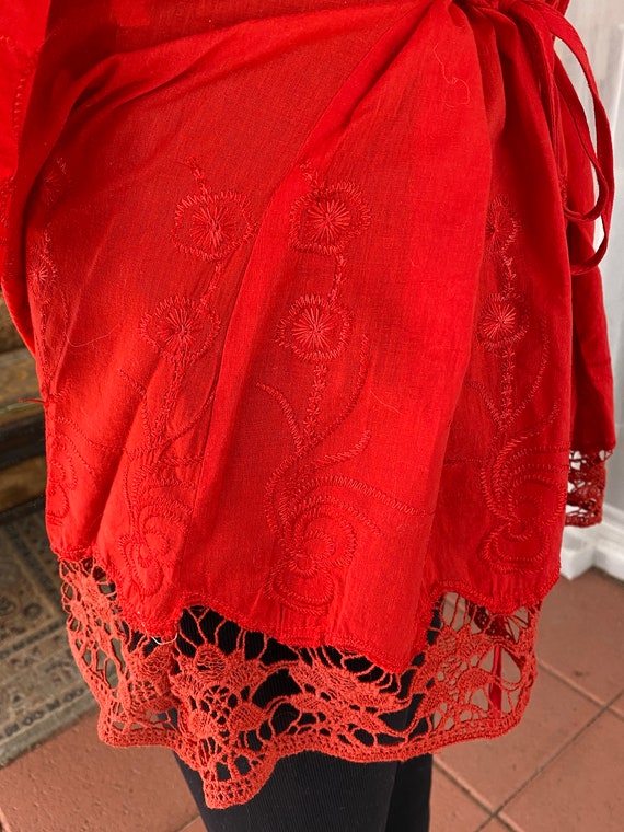 Vintage 90's - Bright red cotton tunic, embroider… - image 5