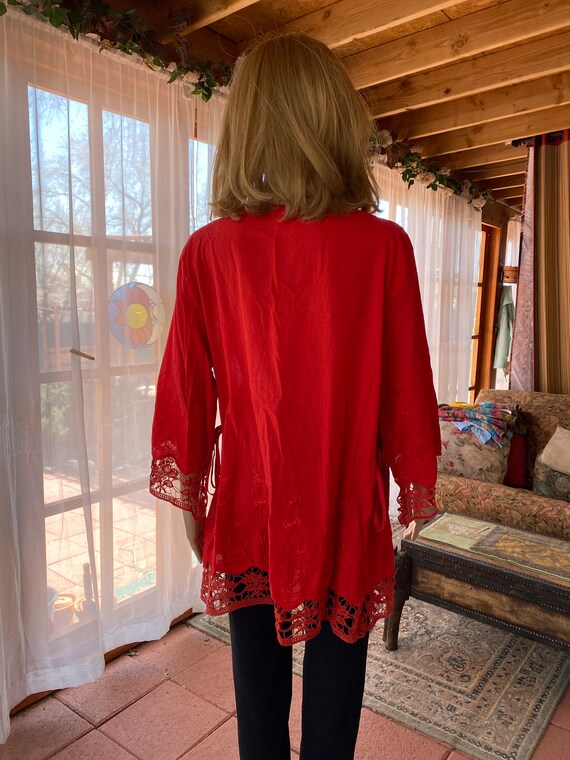 Vintage 90's - Bright red cotton tunic, embroider… - image 9