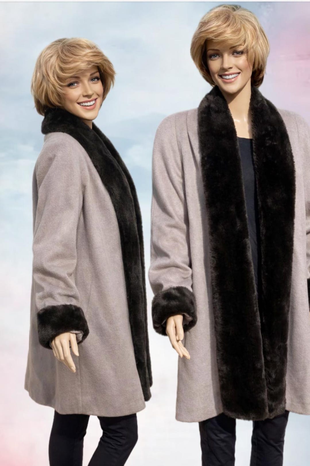 ALORNA - Vintage 80's Mouse Grey Wool Swing Coat With Faux Fur