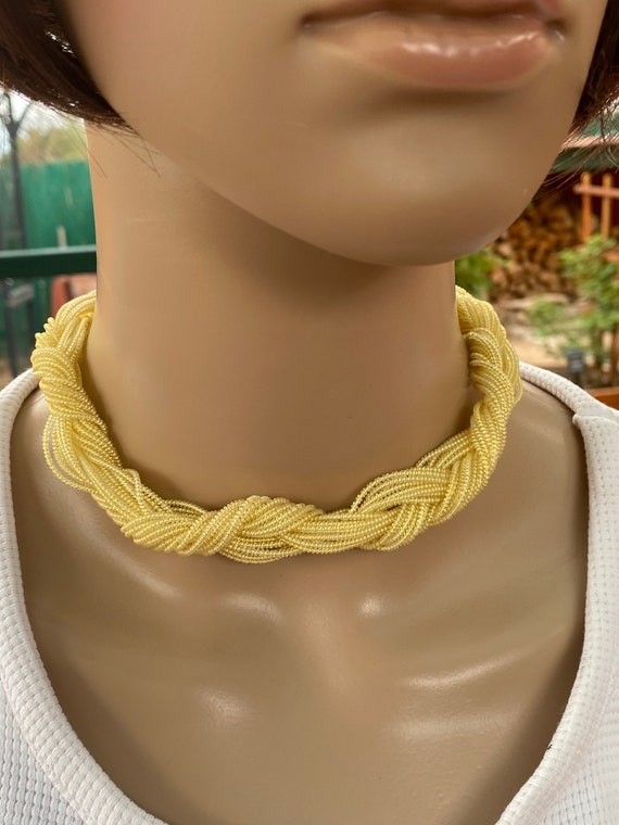 Vintage 50's - Pale yellow tiny beads braided in … - image 3