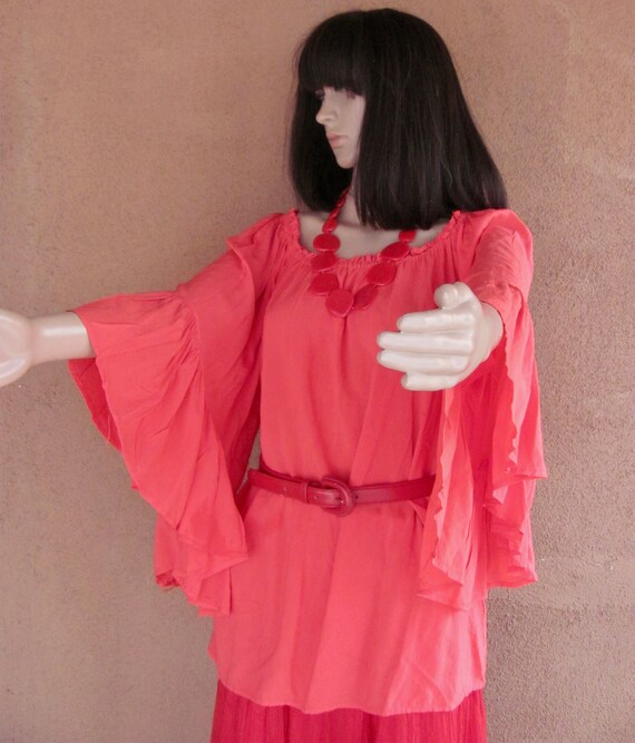 Bright red, angel sleeves, scoop neck, flowing bl… - image 8