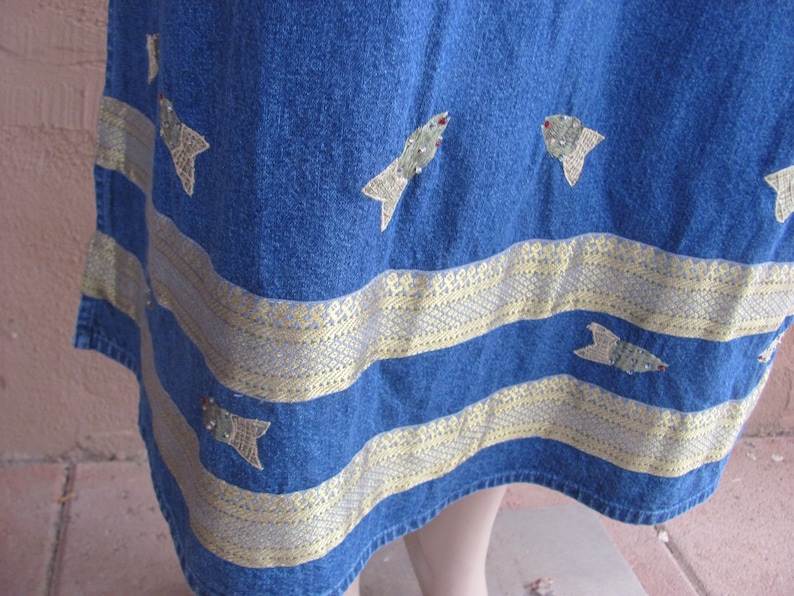 Vintage 80/'s with golden embroidered fishes Maxi Sleeveless Jean dress