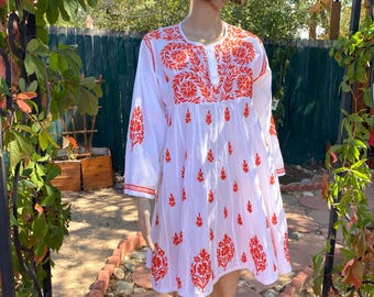 Hand Embroidered White Cotton Dress, With Orange Yarn Embroidery. Long  Sleeves, Knee Length