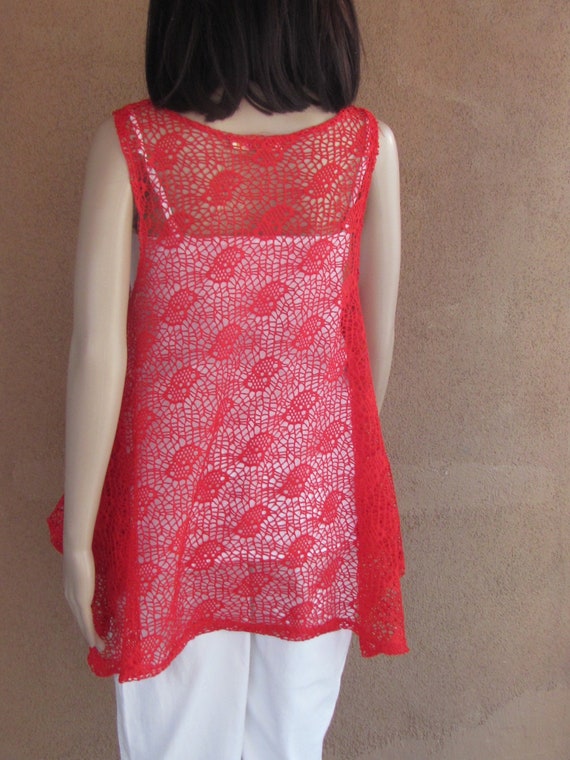 Poppy red sheer lace knit tunic, sleeveless, with… - image 6