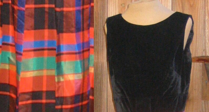 Cocktail dress with tartan taffetas skirt and black bodice VINTAGE 1970s