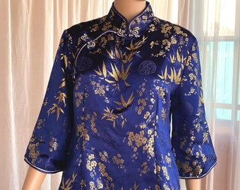 Königsblaue und goldene chinesische/asiatische Cheongsam kurze Satin Jacke/Bluse. S/M