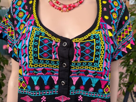 Vintage Amit Collection Embroidered Black Viscose Midi Dress Mexican Style Boho India Peasant View 4