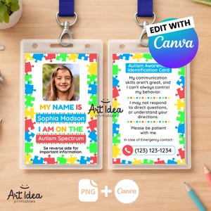 May include: Two clear plastic Autism Awareness identification cards with blue lanyards. One card displays a photo and the name "Sophia Madson", the text "I AM ON THE Autism Spectrum". The other card has text about communication and emergency contact information.