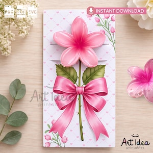 Utskrivbart hårspänne med blommor | Mall för gratulationskort med rosa rosett | Söt presentkortshållare | Gör-det-själv-papperspyssel | Direkt nedladdning