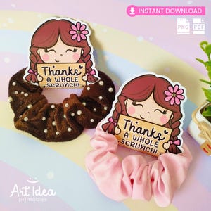 以下が含まれることがあります： 茶色の髪とピンクの花を持つ漫画の女の子が描かれた、印刷可能なギフトタグが2つ。女の子は「ありがとう、スクランchie全部！」と書かれた看板を持っています。各タグは、茶色と白のスクランchieとピンクのスクランchieとペアになっています。