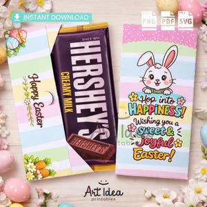 Pode incluir: Uma impressão com tema de Páscoa com uma barra de chocolate Hershey's Creamy Milk. O design inclui listras pastel, uma ilustração de coelho e o texto "Hop into HAPPINESS! Wishing you a Sweet & Joyful Easter!"