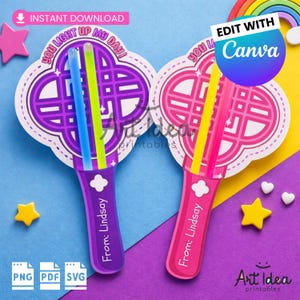May include: Two party favors with glow sticks, featuring the text "You Light Up My Day!" and "From: Lindsay." One is purple with blue and green glow sticks, the other is pink with yellow and pink glow sticks. The image also includes stars and hearts.