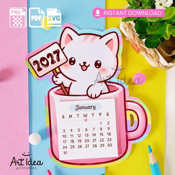 Cute Cat Calendar 2027 Printable | Mini Desk Calendar Template | Kawaii Kitty Calendar | DIY Gift | Instant Download