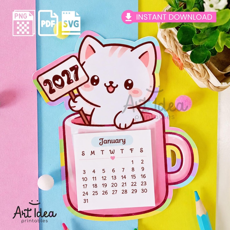 Peut inclure: Un calendrier imprimable 2027 repr&eacute;sentant un chat blanc de dessin anim&eacute; assis dans une tasse rose. Le chat tient une pancarte indiquant 2027. La page du calendrier affiche le mois de janvier avec les dates du 1 au 31. Inclut des ic&ocirc;nes PNG, PDF et SVG.