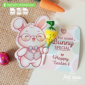 Pode incluir: Um cartão de Páscoa imprimível com um coelho de desenho animado usando óculos e gravata borboleta, segurando um pirulito. O cartão tem um fundo rosa, azul e branco com o texto "Para um coelho especial Feliz Páscoa".
