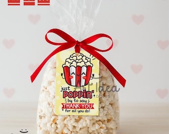 Just Poppin&#39; by to Say Thank You Tag | Printable Popcorn Tag | Appreciation Gift Tag | Digital Download | Instant Popcorn Favor