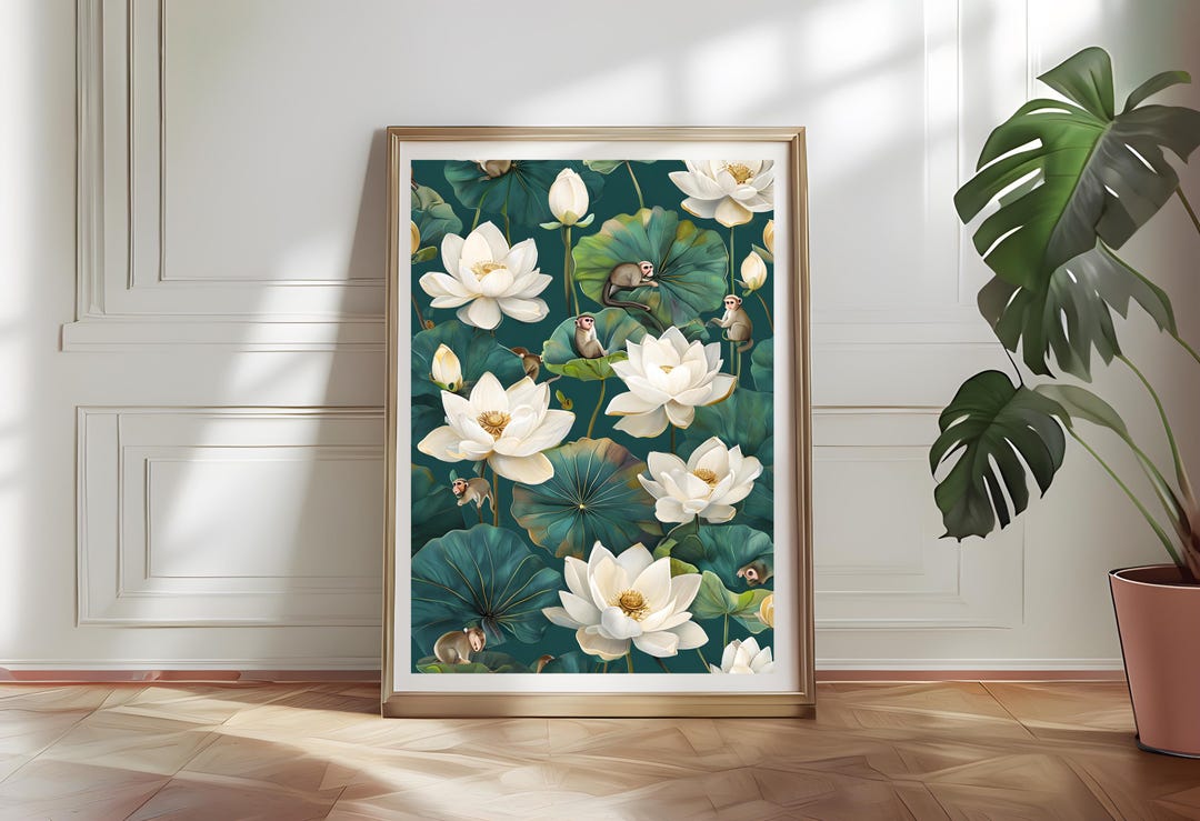 White Lotus Flower Wall Art Print - Botanical, Floral, Monkey Jungle ...