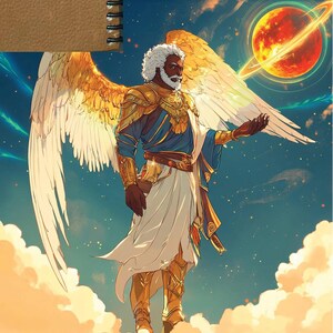 May include: A digital illustration of an angel with golden wings, a white robe, and gold armor. The angel has a beard and dark skin. The angel is standing on a cloud in front of a red planet with a ring around it.