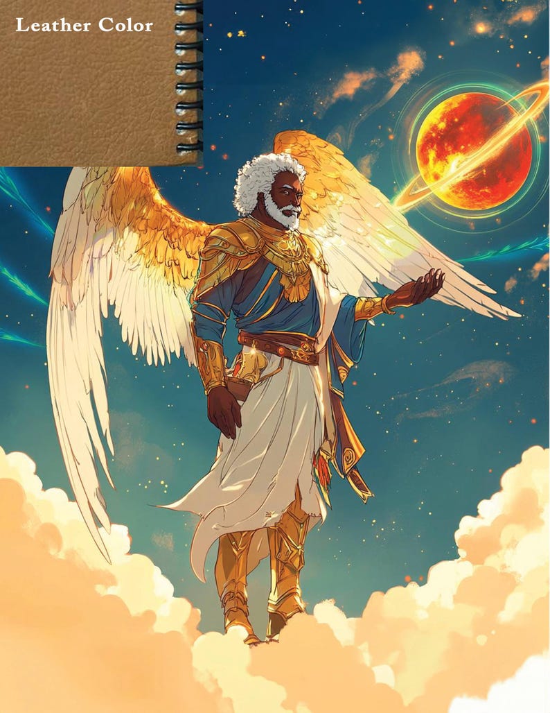 May include: A digital illustration of an angel with golden wings, a white robe, and gold armor. The angel has a beard and dark skin. The angel is standing on a cloud in front of a red planet with a ring around it.