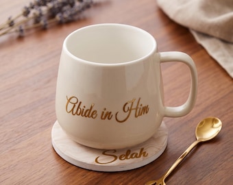 Abide in Him Gold Mug Set, Minimalist Christian Aesthetic, Marble Coaster and Floral Spoon Bundle,Devotional Mug, Faith Based Gift