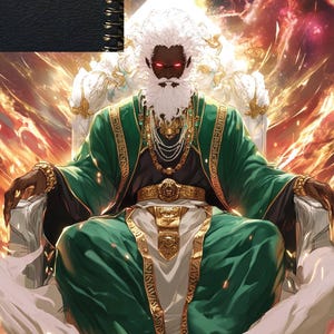 May include: A man with a white beard and red eyes sits on a throne. He is wearing a green robe with gold trim and a gold belt. The background is a fiery orange and red.